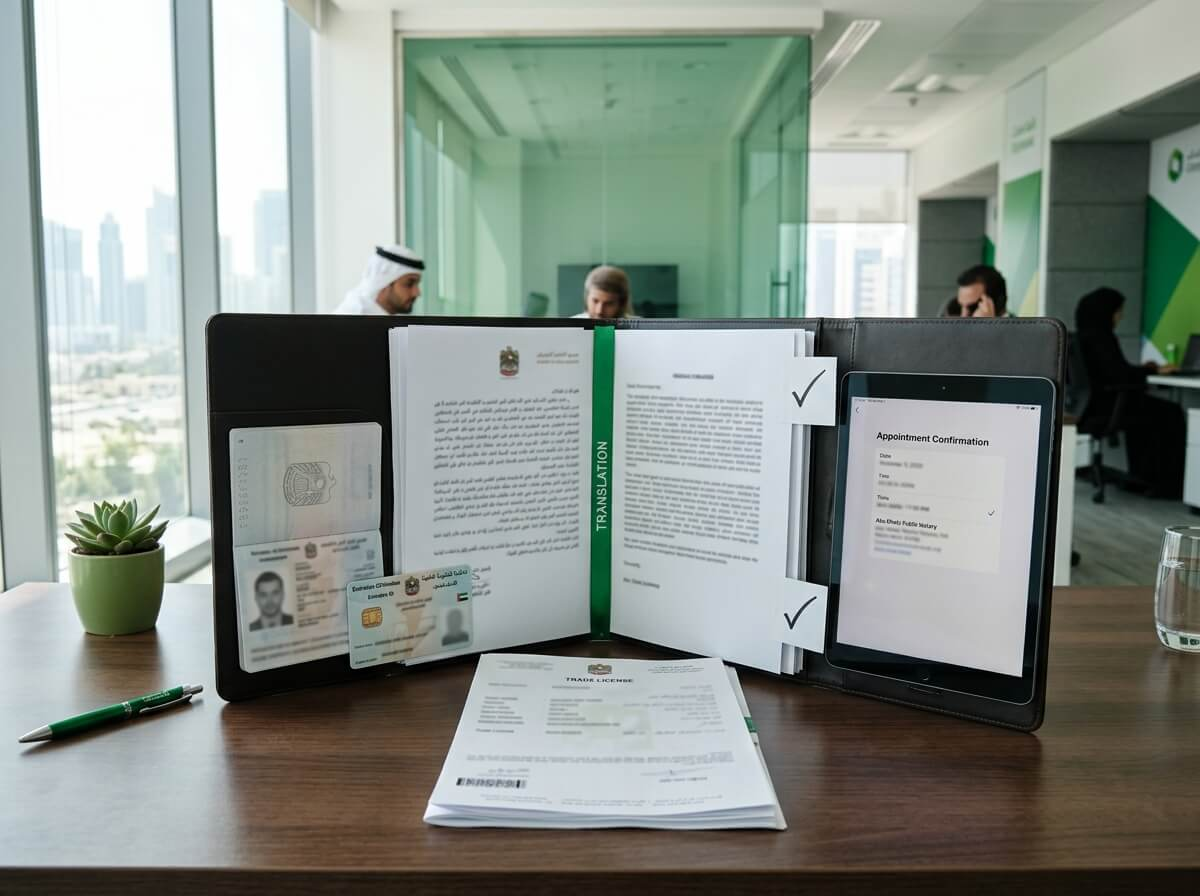 ADJD notarization requirements checklist — Emirates ID, passport, trade licence, Arabic translation, ADJD appointment