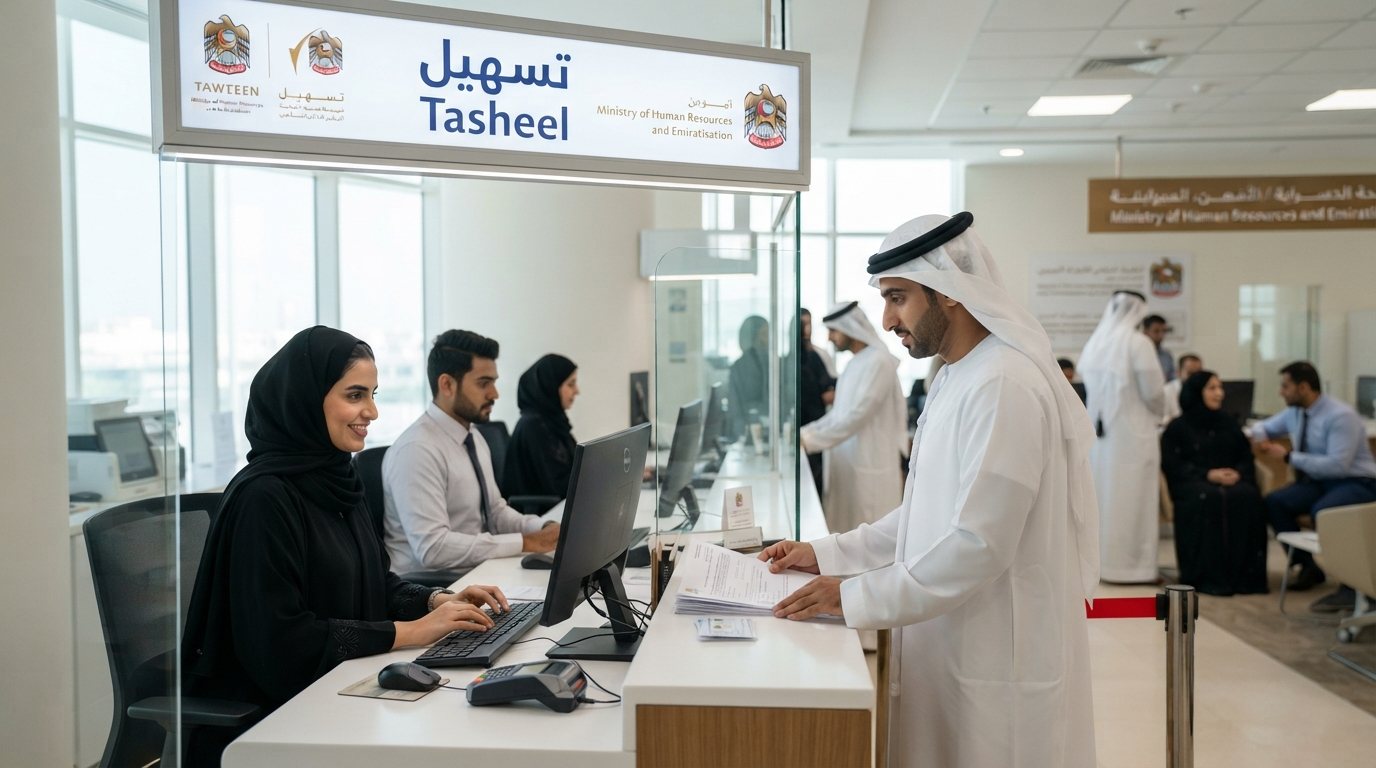 Tasheel typing counter in Abu Dhabi processing MOHRE work permit and labour contract applications