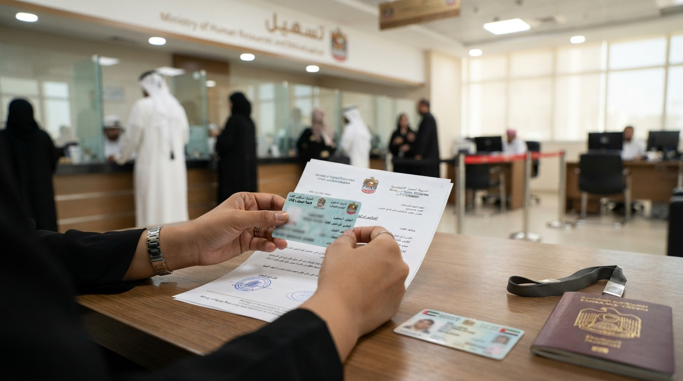 UAE labour card renewal through Tasheel center Abu Dhabi with MOHRE approval documents