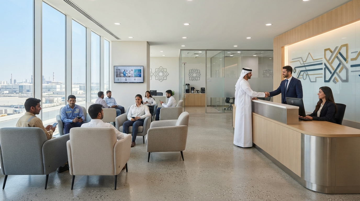 Employer visiting Tasreea Business Center Mussafah M4 Abu Dhabi for same-day Tasheel typing and Tawjeeh