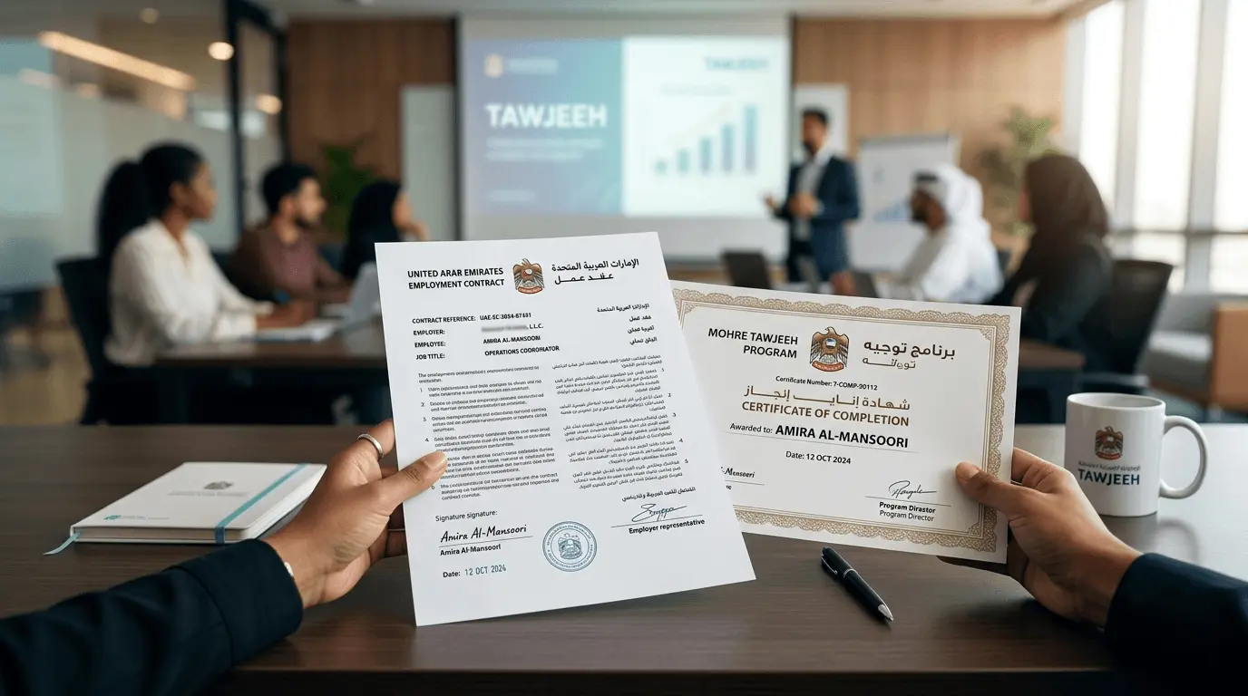 Tawjeeh labour law awareness session for workers in Abu Dhabi covering rights, wages and safety
